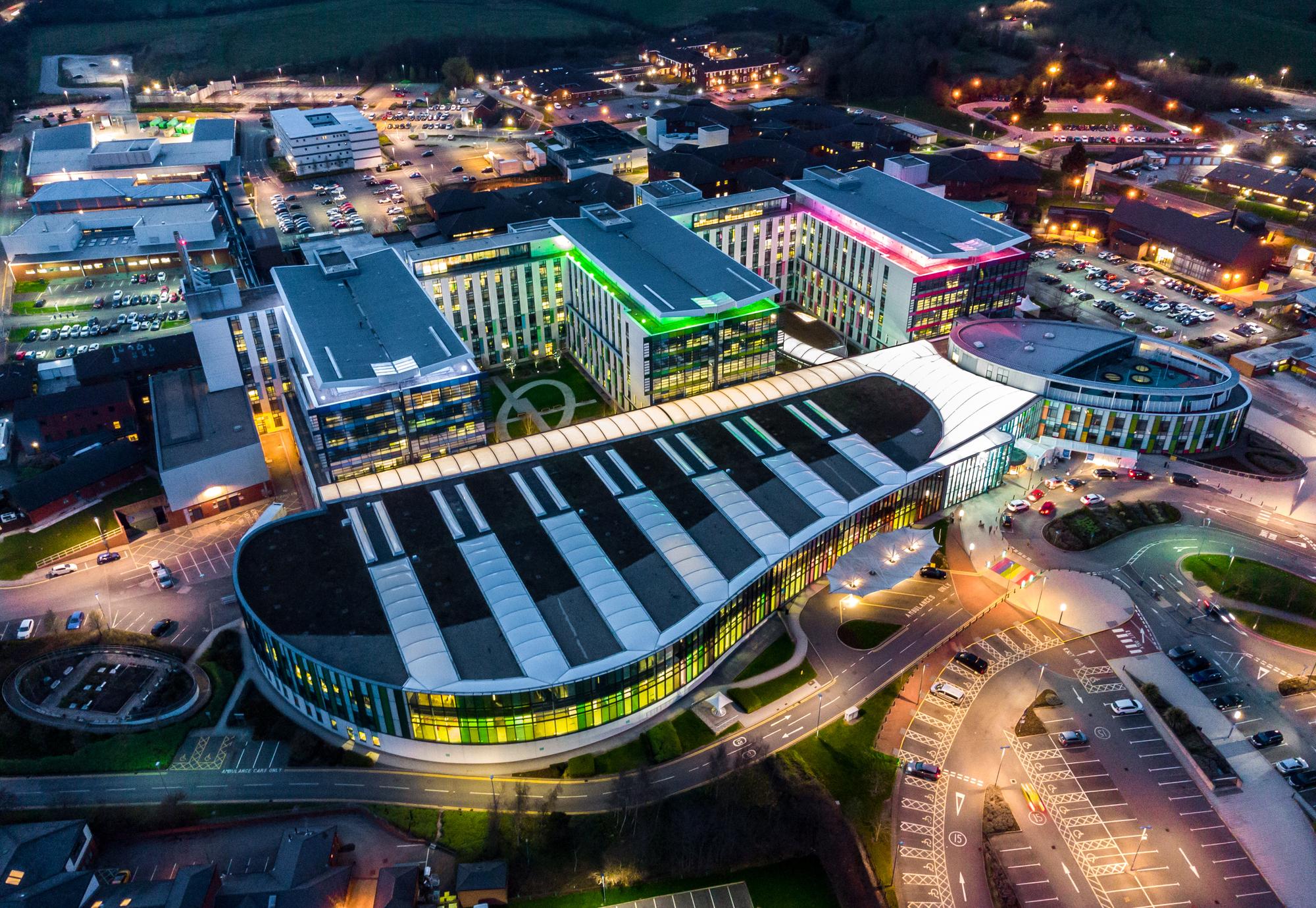 NHS Kings Mill hospital building lit up