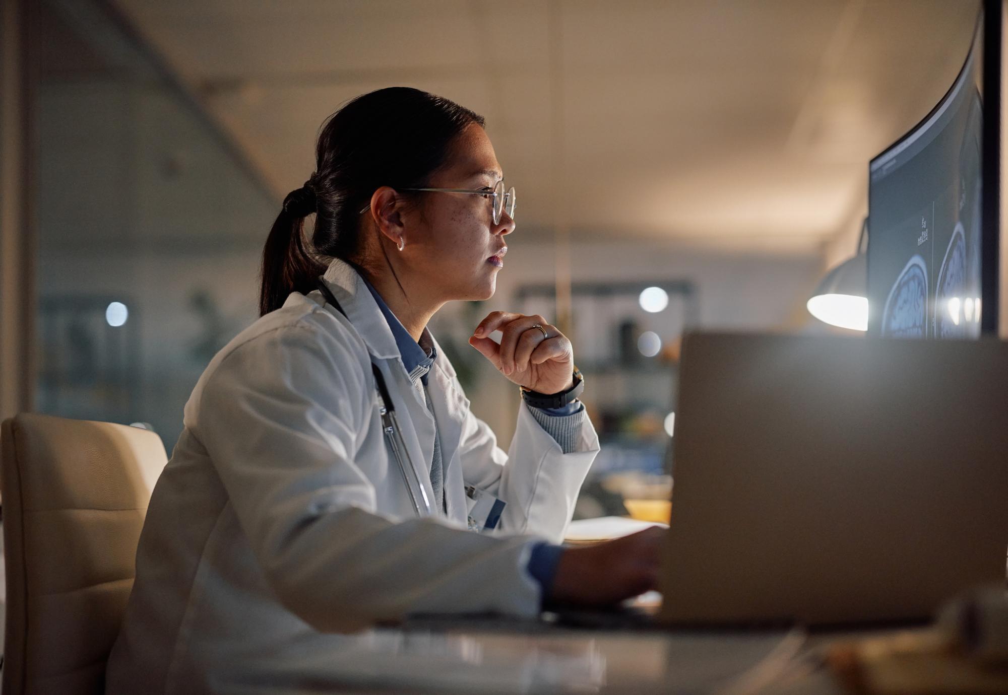 woman in hospital at night for research