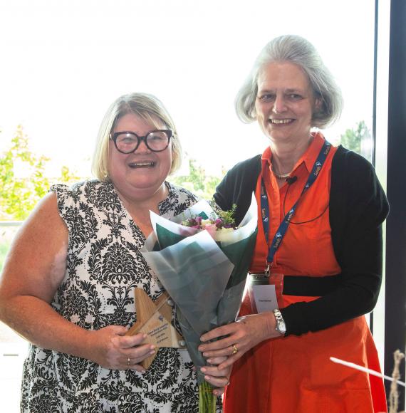 Julie Wills, the winner of the Elaine Thorp Award for Bereavement Care 2024 with Sands' CEO, Dr Clea Harmer