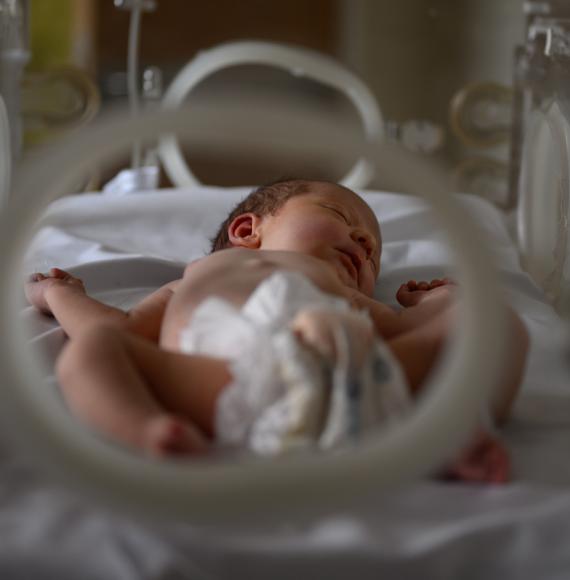 Newborn baby in hospital incubator